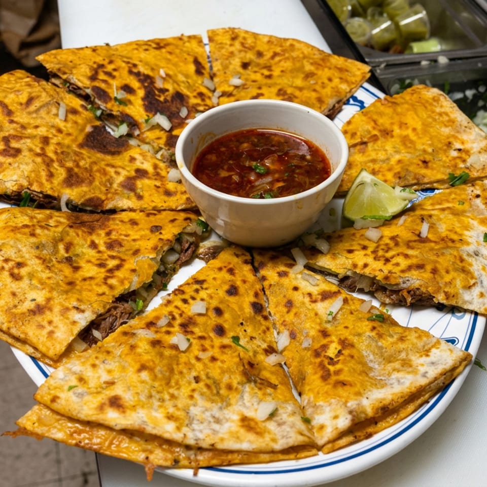 Plate of golden folded quesadillas with shredded meat, onions, cilantro, lime, and a bowl of red salsa.