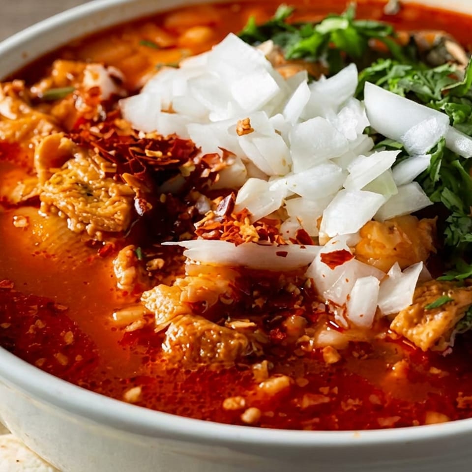Bowl of spicy red stew topped with chopped onions, fresh herbs, crispy fried onions, and pieces of meat, served with flatbread.
