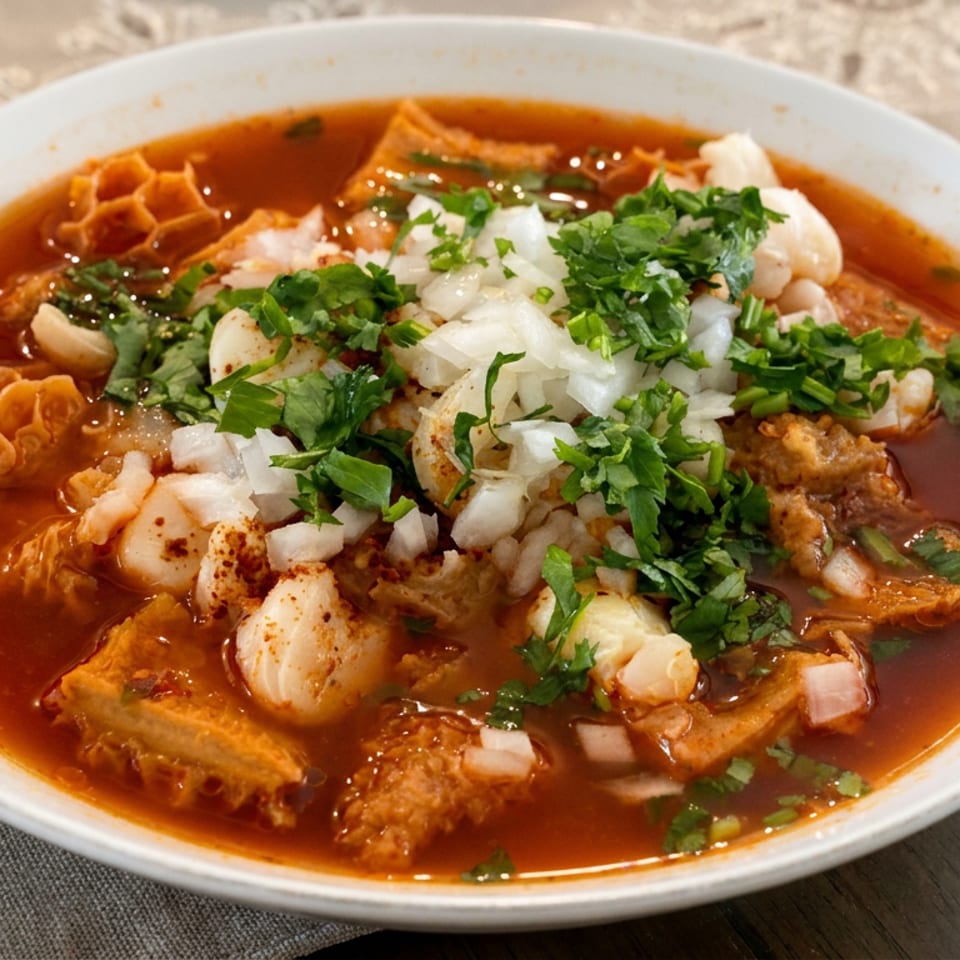 Bowl of spicy red menudo soup with tripe, hominy, chopped onions, and fresh cilantro on a dining table.