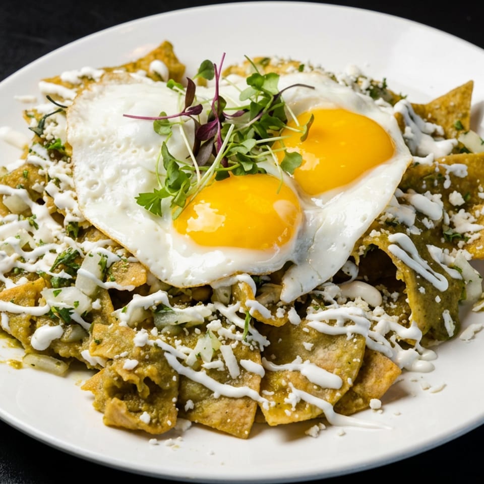 Mexican-style chilaquiles topped with two fried eggs, white crema, crumbled cheese, chopped herbs, and microgreens on a white plate.