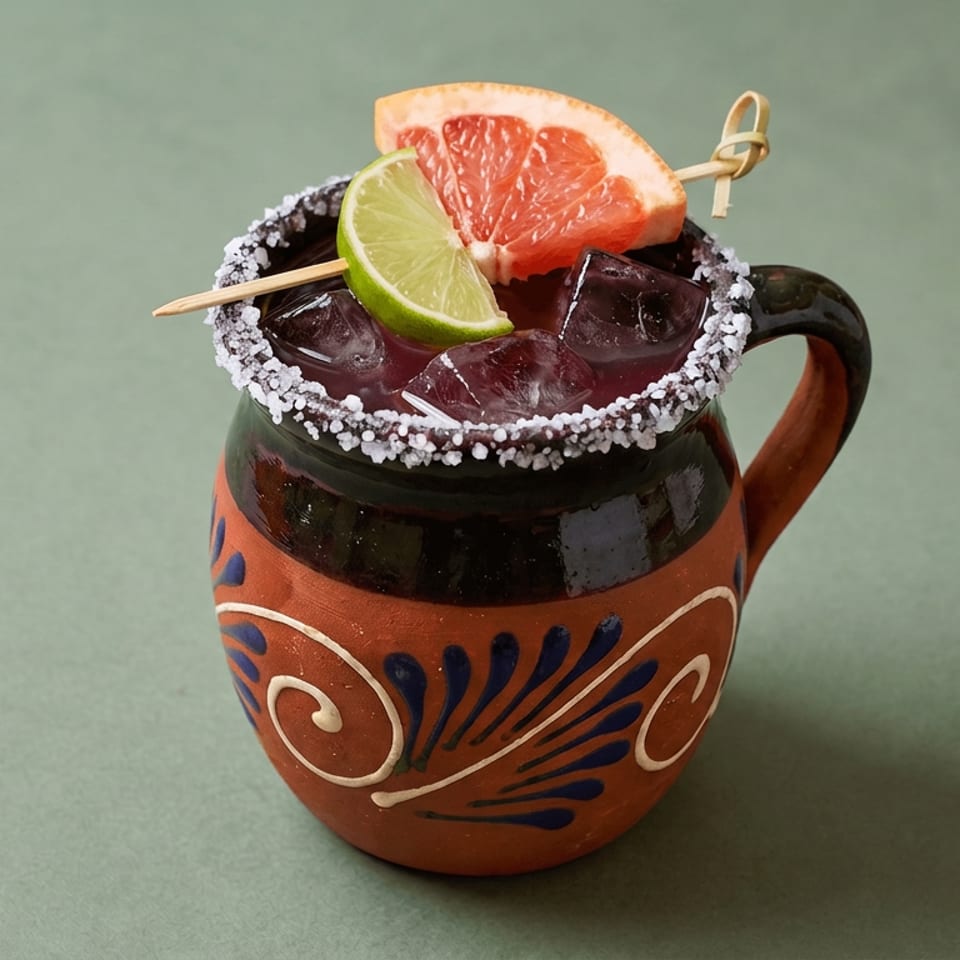 Iced cocktail served in a colorful clay mug with a salted rim, lime wedge, and grapefruit garnish.