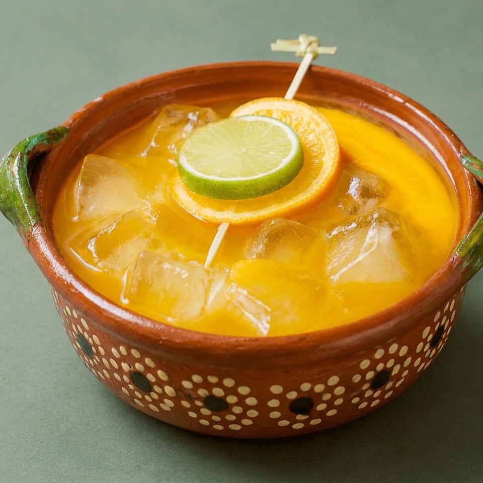 Golden citrus cocktail with ice, lime and orange slices in a decorative terracotta bowl.
