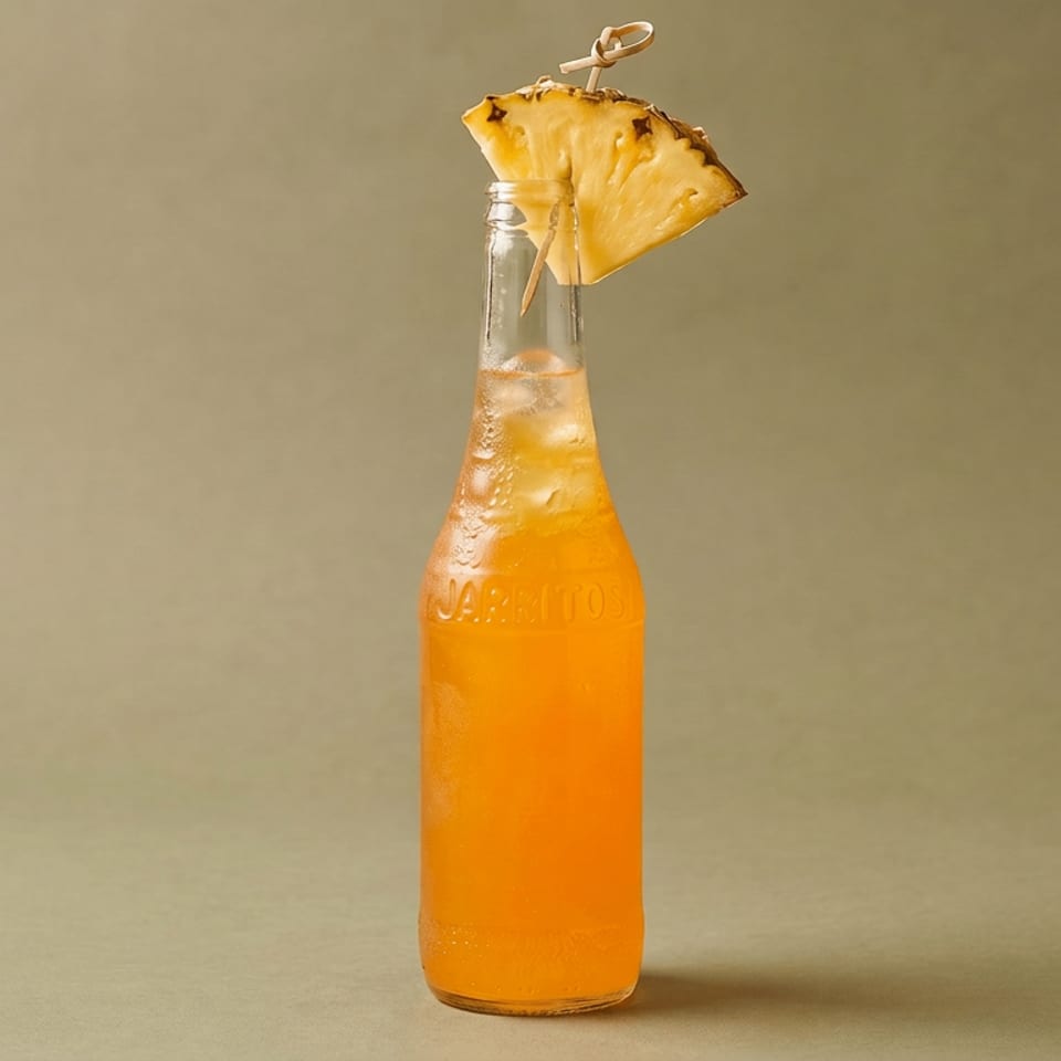 Chilled orange Jarritos soda in a glass bottle, garnished with a pineapple wedge and cocktail pick.