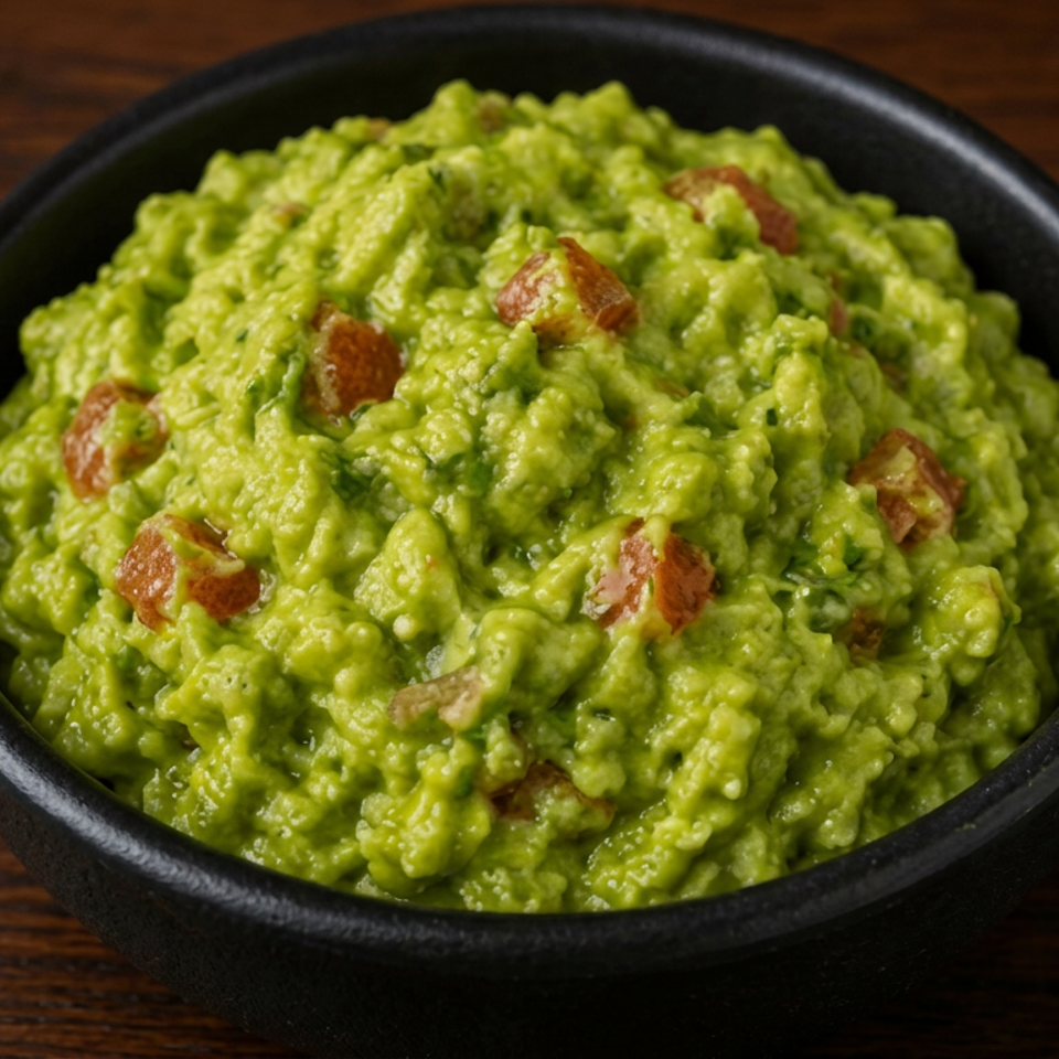 Bowl of chunky green guacamole topped with diced tomatoes on a dark wooden table.
