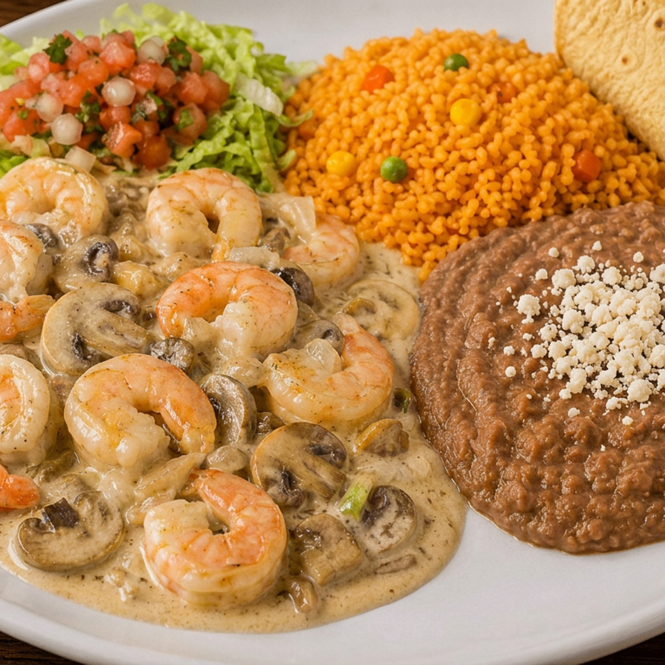 Mexican-style platter with creamy shrimp and mushrooms, refried beans, orange rice, lettuce pico de gallo, and folded tortillas.