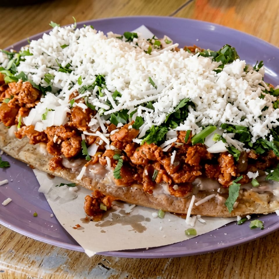 Loaded flatbread topped with seasoned meat, beans, chopped onions, cilantro, and crumbled white cheese on a purple plate.