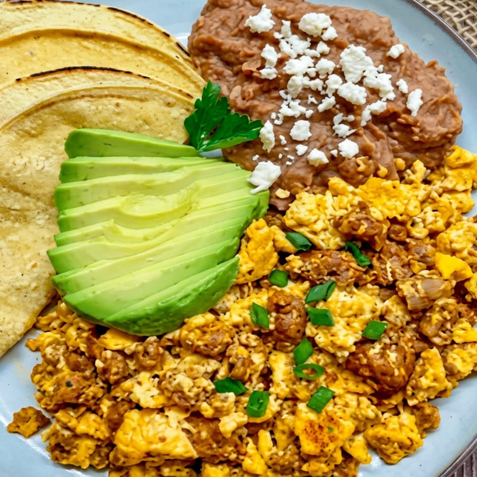Plate of scrambled eggs with sausage, refried beans topped with cheese, avocado slices, and corn tortillas.