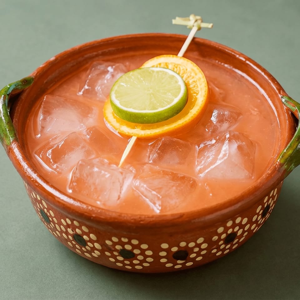 Citrus cocktail with ice, lime and orange garnish, served in a decorative terracotta bowl with handles.