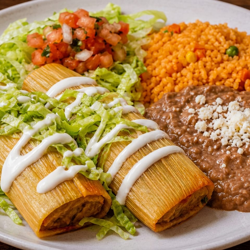 Plate of tamales topped with lettuce and crema, served with refried beans, Mexican rice, and pico de gallo.