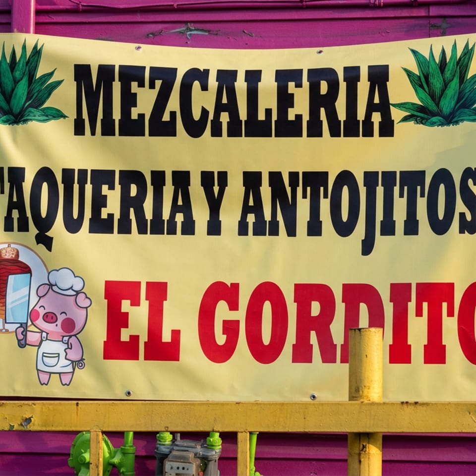 Colorful restaurant banner reading “Mezcaleria Taqueria y Antojitos El Gordito,” decorated with agave illustrations and a cartoon chef pig.