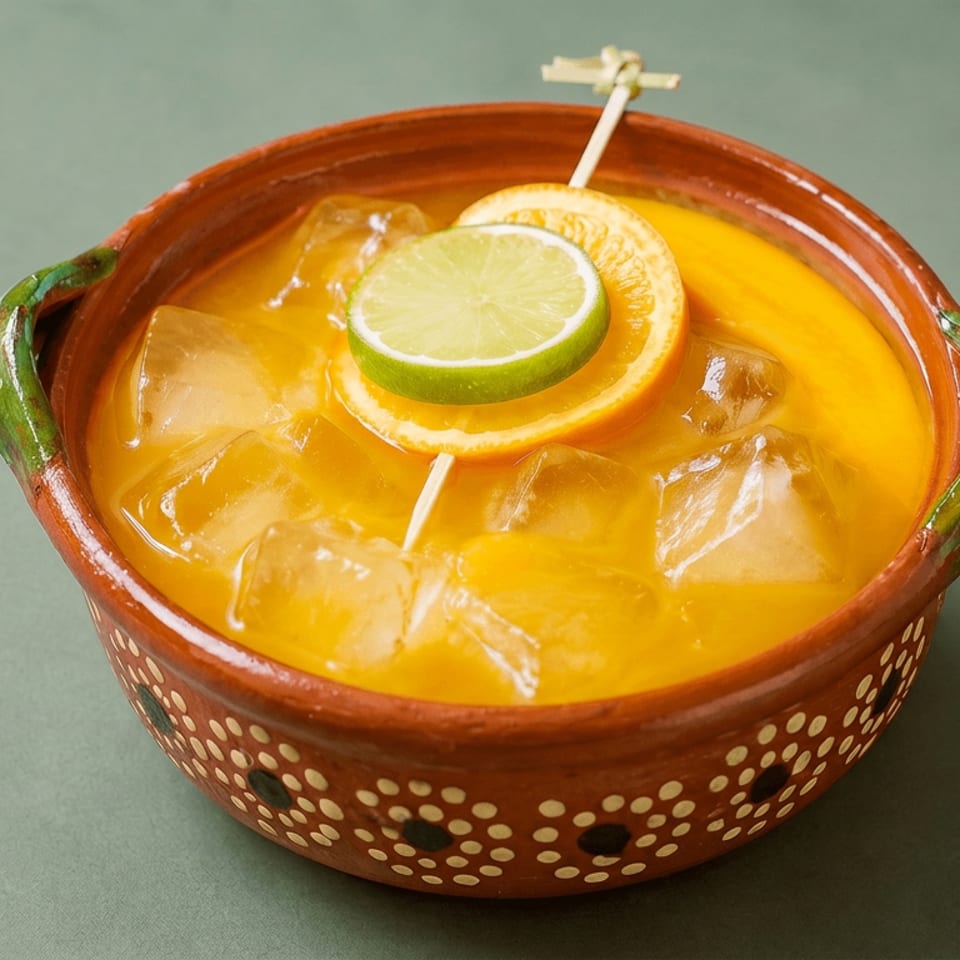 Orange cocktail with ice, lime and orange slices in a decorative earthenware bowl.