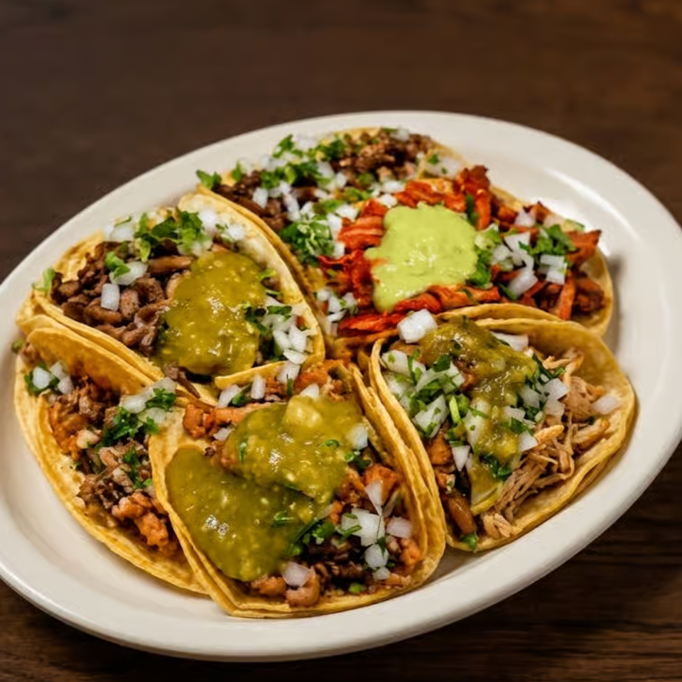 Plate of assorted tacos topped with meat, onions, cilantro, green salsa, and guacamole on a wooden table.