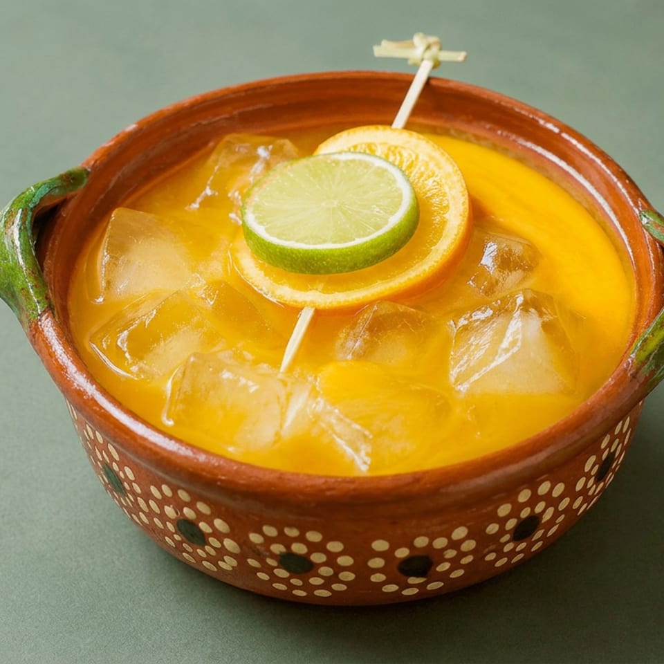 Golden citrus cocktail with ice, lime and orange slices, served in a decorated clay bowl.